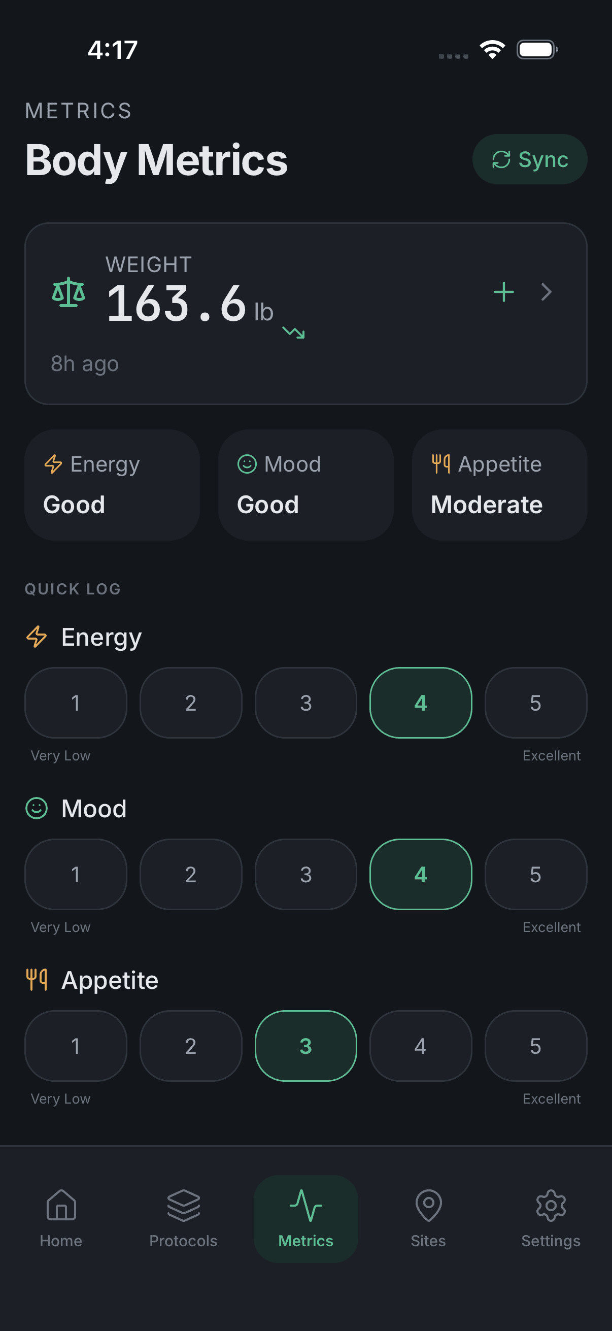 Body metrics dashboard with weight trend chart and quick-entry buttons for energy, mood, and appetite
