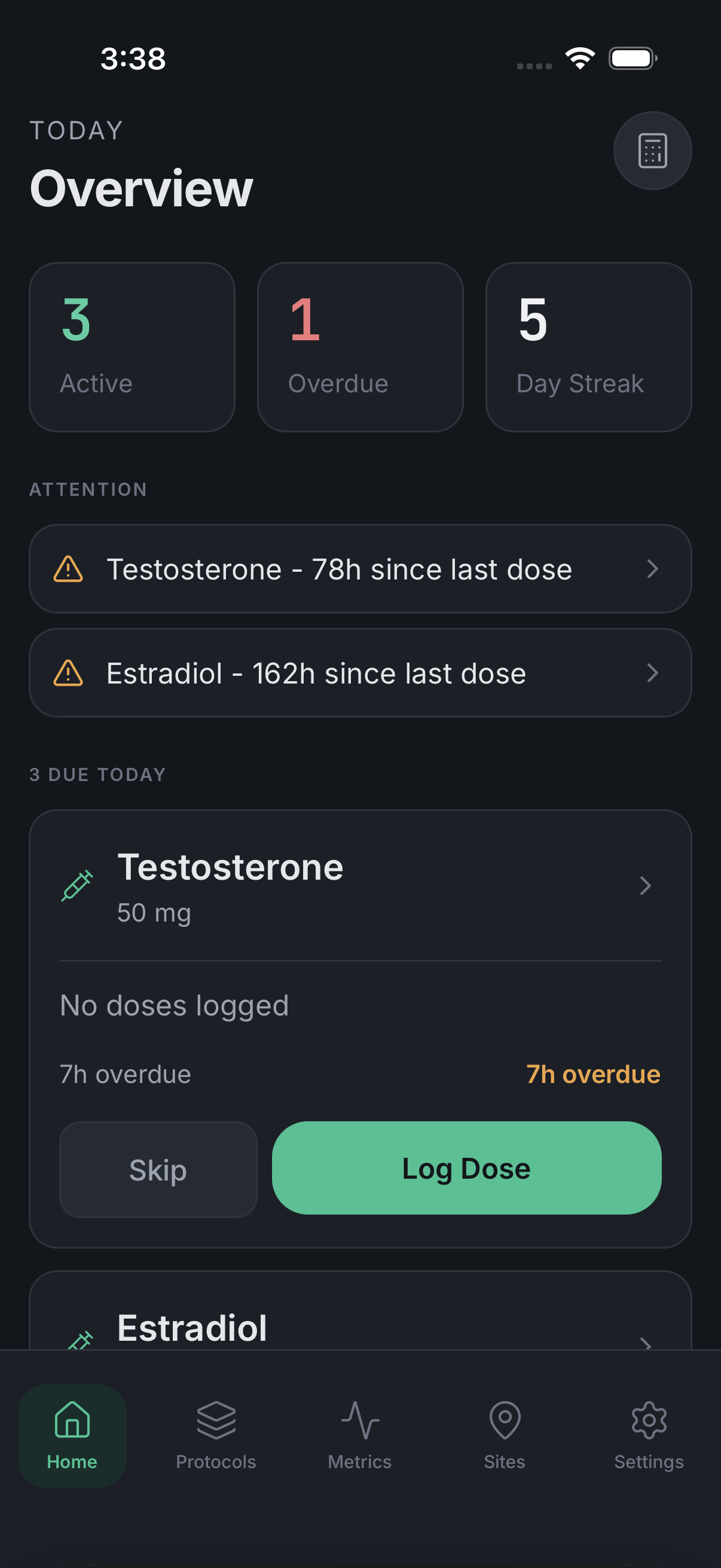 Done Dose home dashboard showing today's medications, last dose times, and one-tap logging buttons