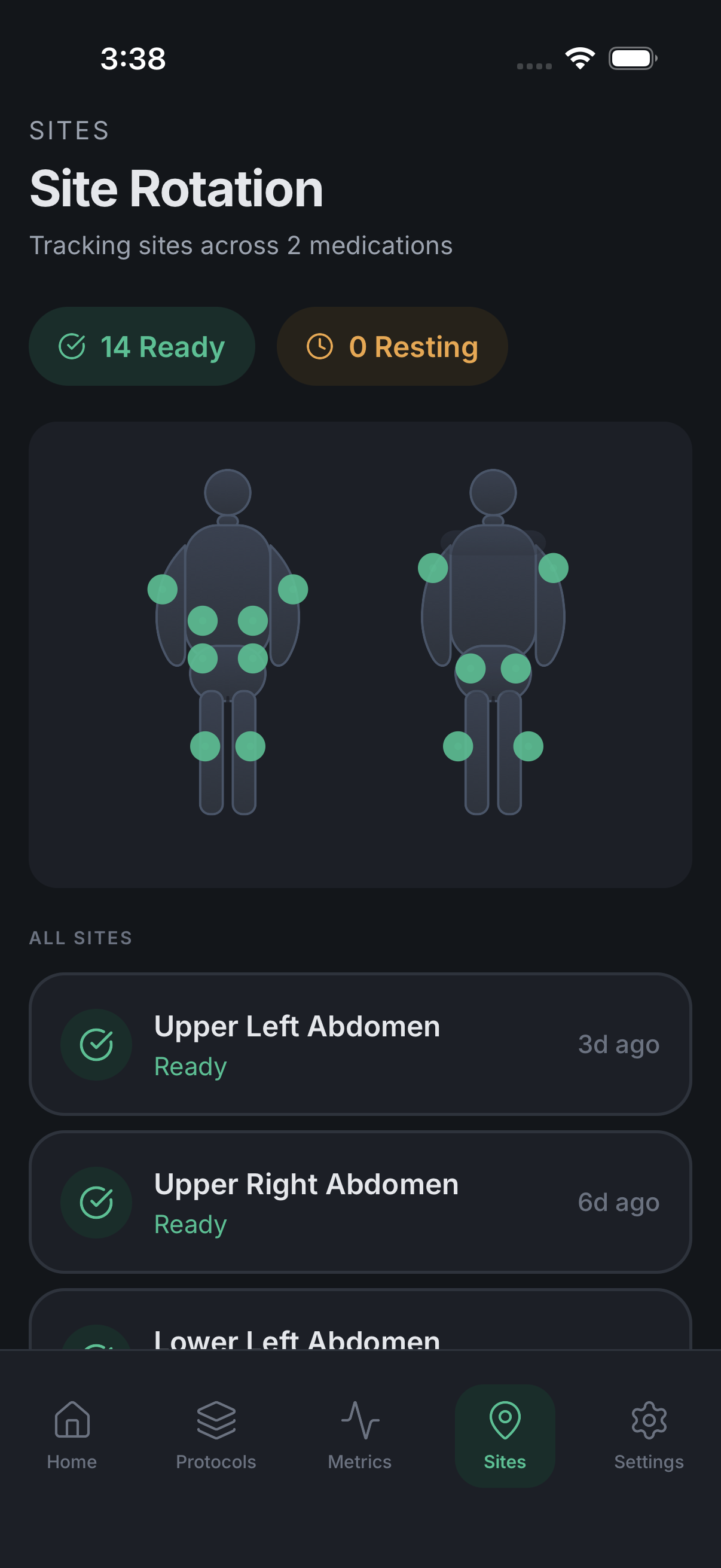 Injection site rotation map showing ready and resting sites with color-coded status indicators